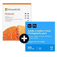 Pack Adobe Photoshop + Lightroom (Creative Cloud Photo 20 Go) + Microsoft 365 Personnel